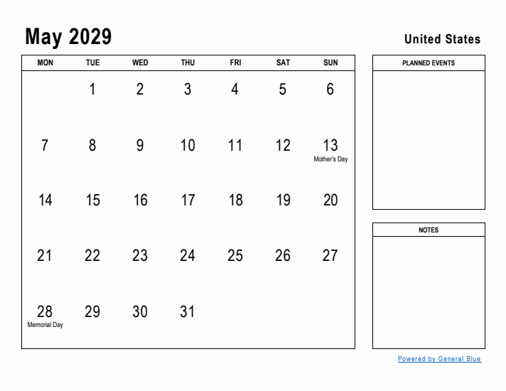 May 2029 Printable Monthly Calendar with United States Holidays