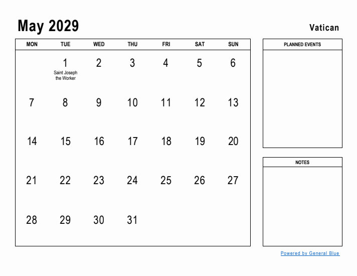 May 2029 Printable Monthly Calendar with Vatican Holidays