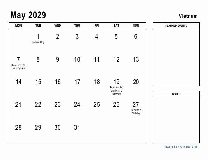 May 2029 Printable Monthly Calendar with Vietnam Holidays