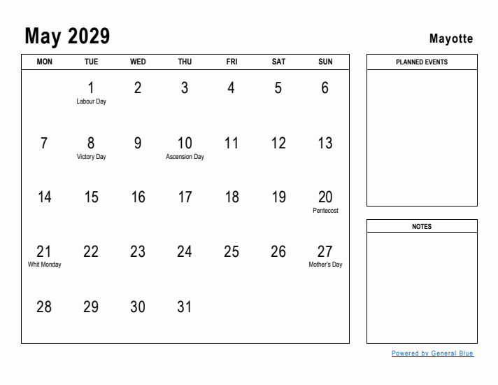 May 2029 Printable Monthly Calendar with Mayotte Holidays