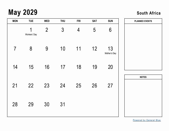 May 2029 Printable Monthly Calendar with South Africa Holidays