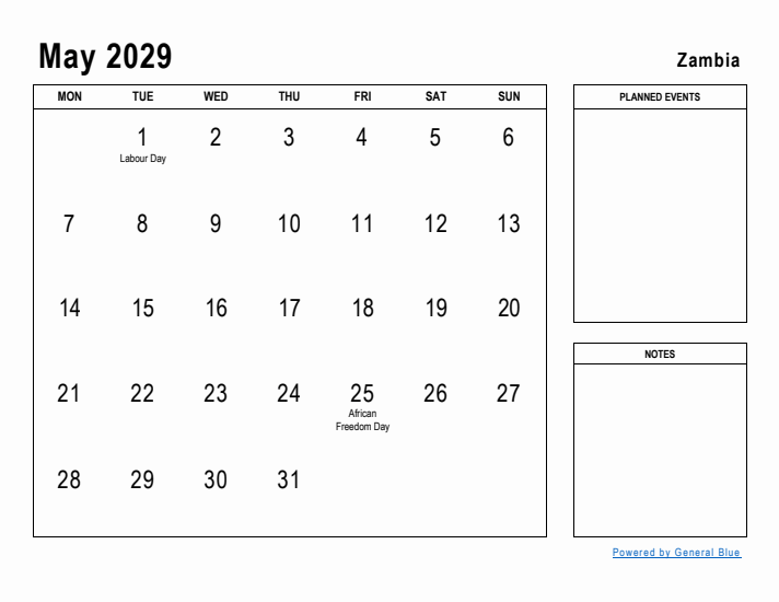 May 2029 Printable Monthly Calendar with Zambia Holidays