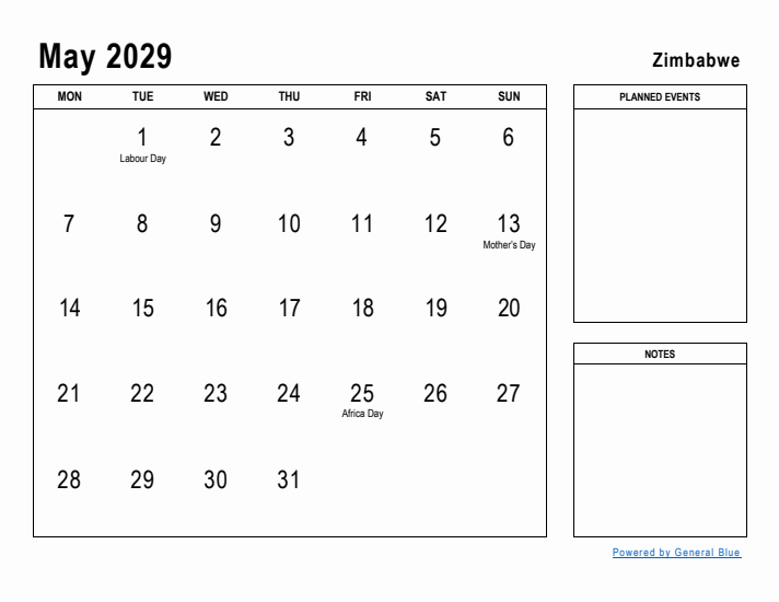 May 2029 Printable Monthly Calendar with Zimbabwe Holidays