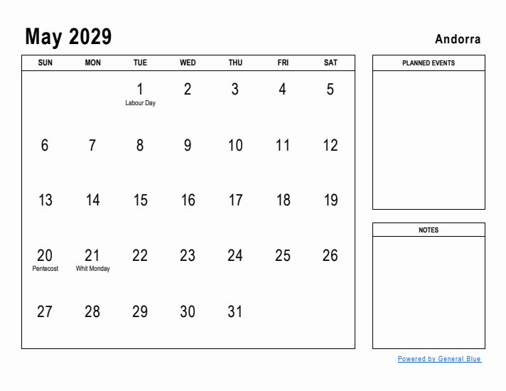 May 2029 Printable Monthly Calendar with Andorra Holidays