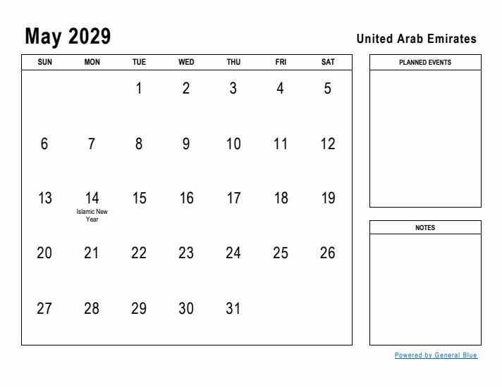 May 2029 Printable Monthly Calendar with United Arab Emirates Holidays