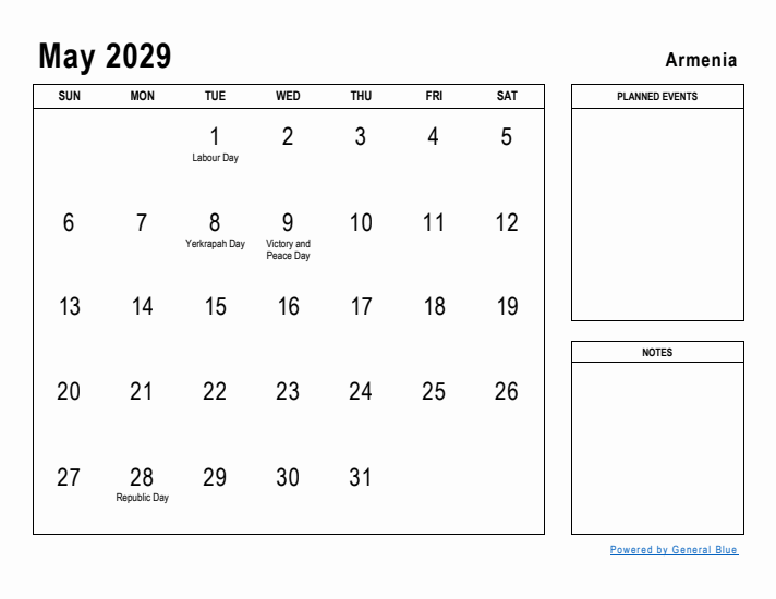 May 2029 Printable Monthly Calendar with Armenia Holidays