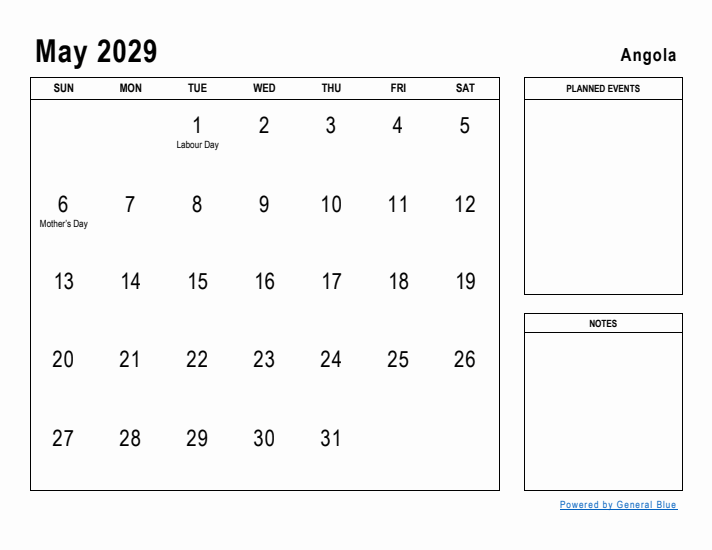 May 2029 Printable Monthly Calendar with Angola Holidays