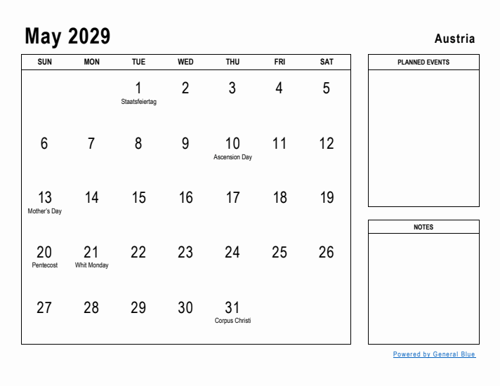 May 2029 Printable Monthly Calendar with Austria Holidays