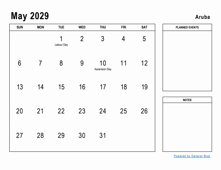 May 2029 Printable Monthly Calendar with Aruba Holidays