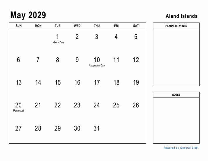 May 2029 Printable Monthly Calendar with Aland Islands Holidays