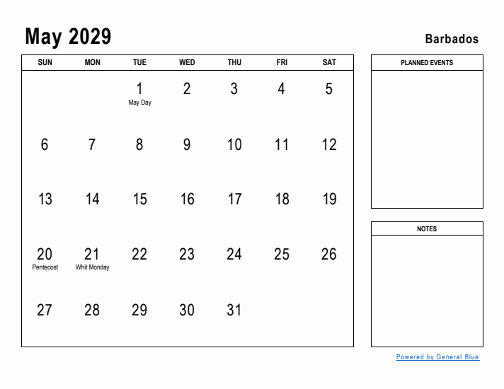 May 2029 Printable Monthly Calendar with Barbados Holidays