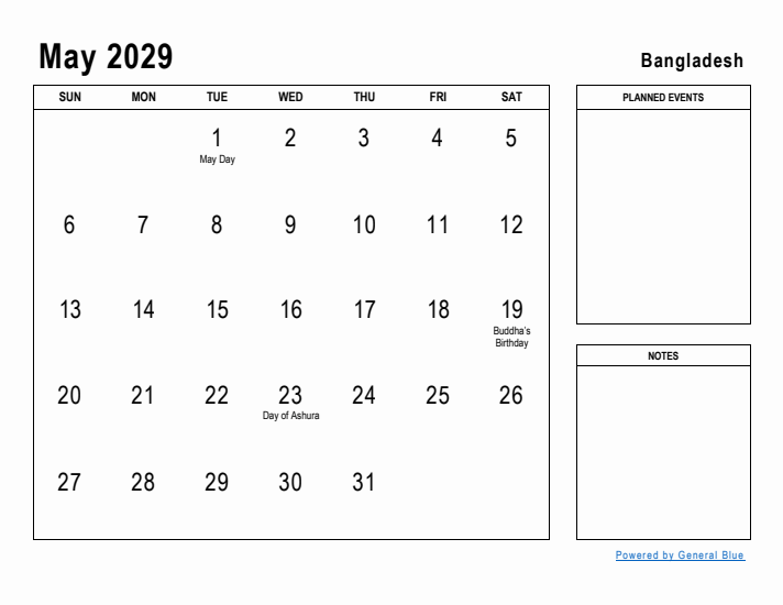 May 2029 Printable Monthly Calendar with Bangladesh Holidays