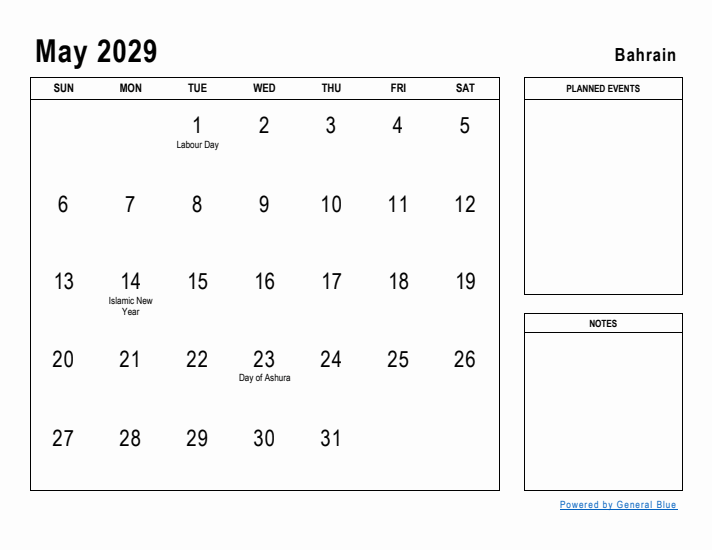 May 2029 Printable Monthly Calendar with Bahrain Holidays