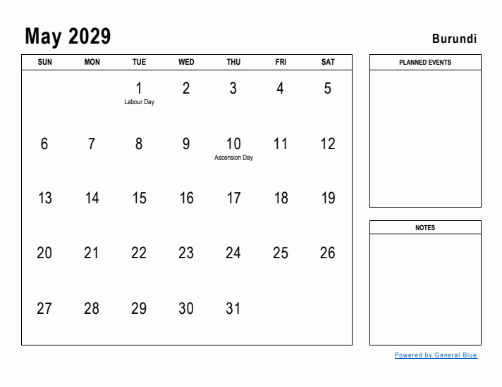 May 2029 Printable Monthly Calendar with Burundi Holidays