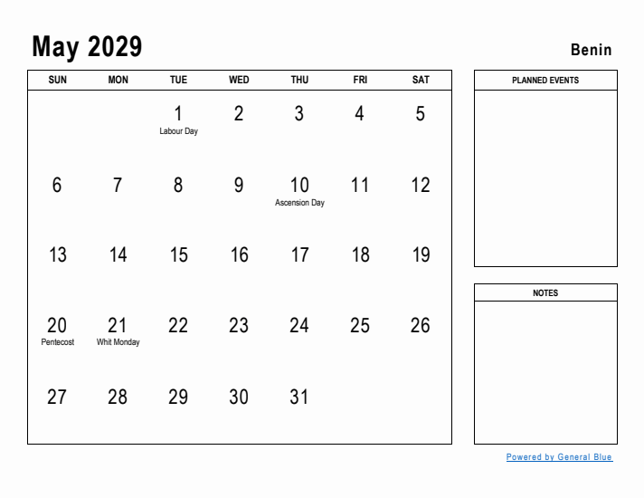 May 2029 Printable Monthly Calendar with Benin Holidays