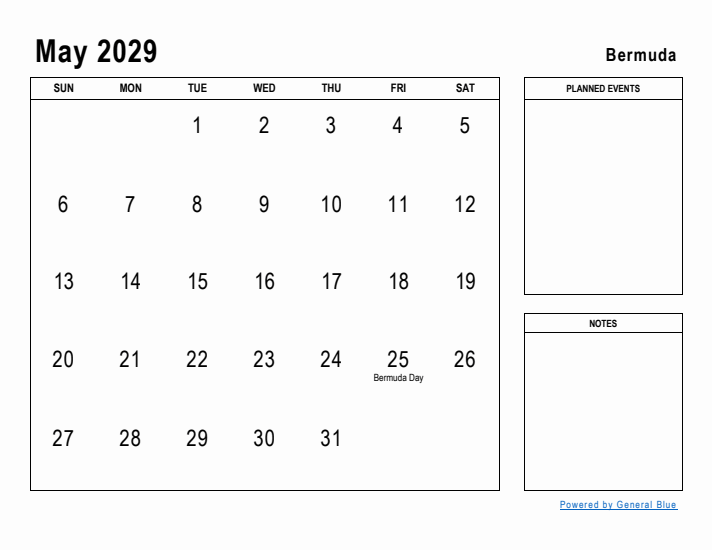 May 2029 Printable Monthly Calendar with Bermuda Holidays