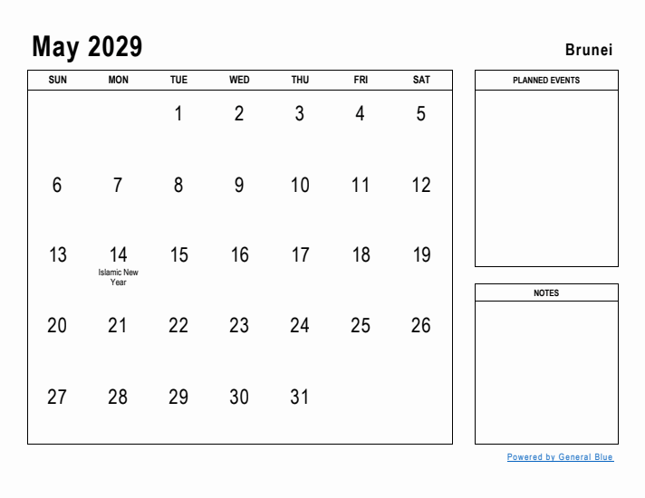 May 2029 Printable Monthly Calendar with Brunei Holidays