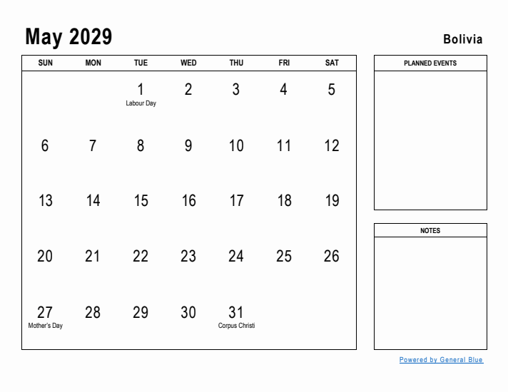 May 2029 Printable Monthly Calendar with Bolivia Holidays