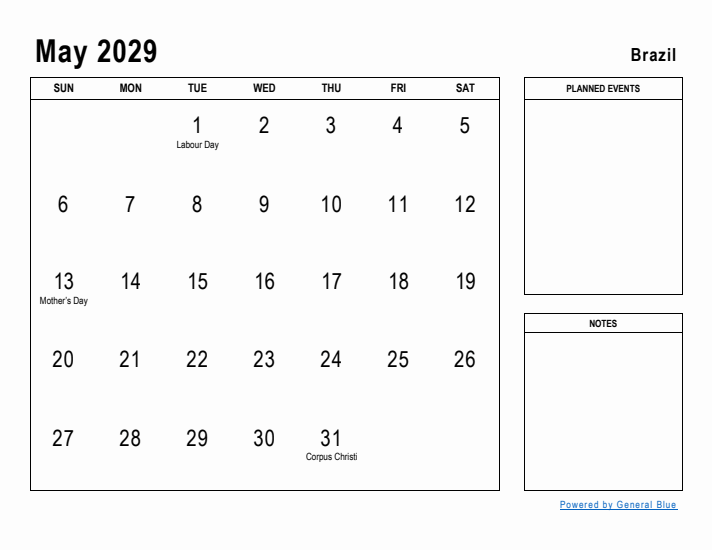 May 2029 Printable Monthly Calendar with Brazil Holidays