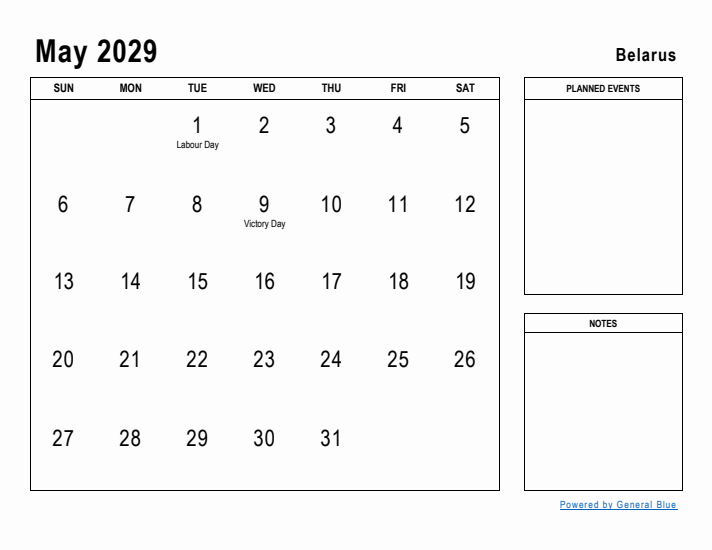 May 2029 Printable Monthly Calendar with Belarus Holidays