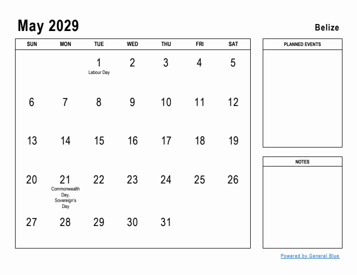 May 2029 Printable Monthly Calendar with Belize Holidays