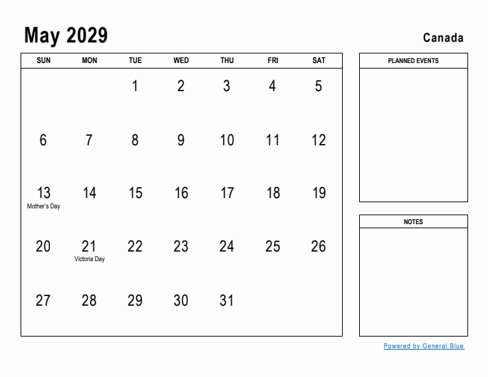 May 2029 Printable Monthly Calendar with Canada Holidays