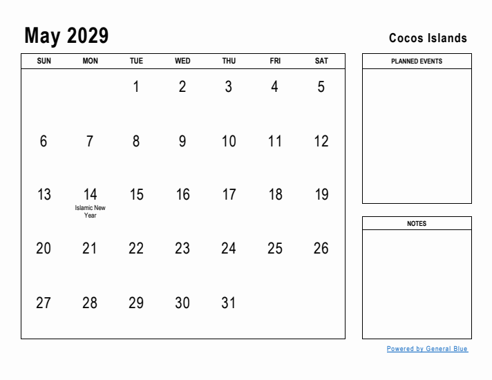 May 2029 Printable Monthly Calendar with Cocos Islands Holidays