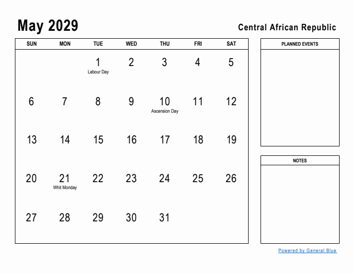 May 2029 Printable Monthly Calendar with Central African Republic Holidays