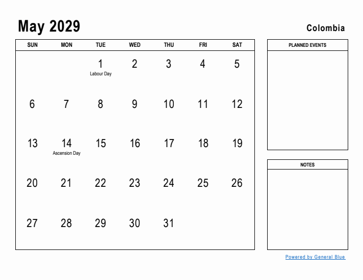 May 2029 Printable Monthly Calendar with Colombia Holidays