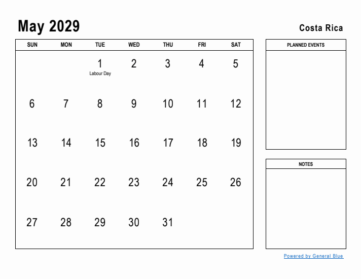 May 2029 Printable Monthly Calendar with Costa Rica Holidays