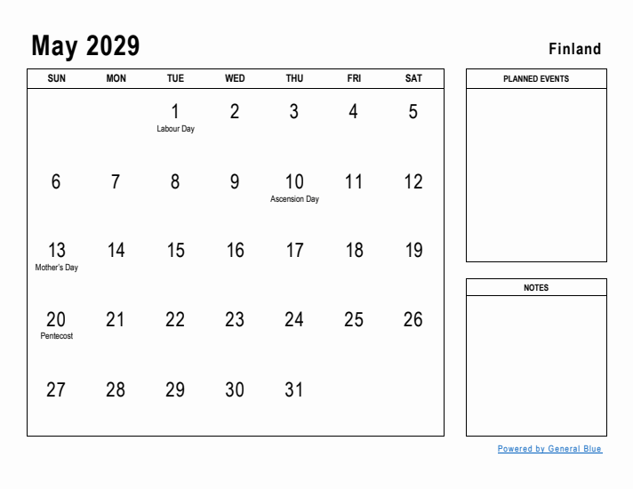 May 2029 Printable Monthly Calendar with Finland Holidays