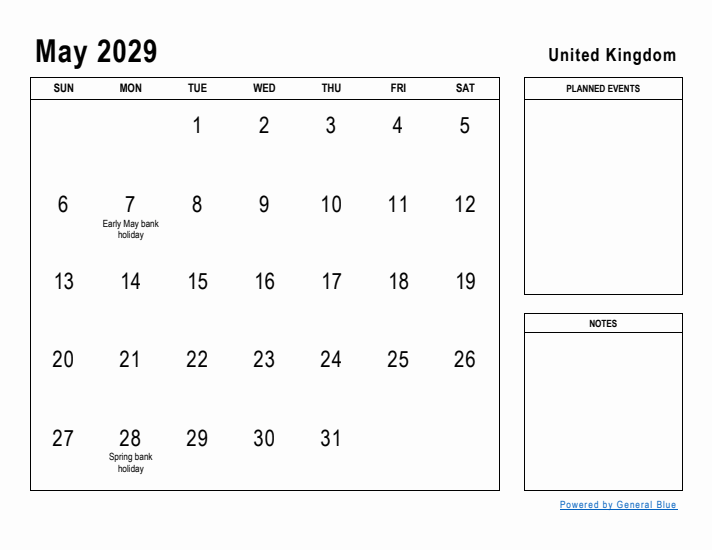 May 2029 Printable Monthly Calendar with United Kingdom Holidays