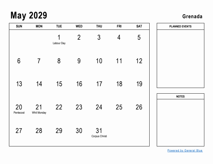 May 2029 Printable Monthly Calendar with Grenada Holidays