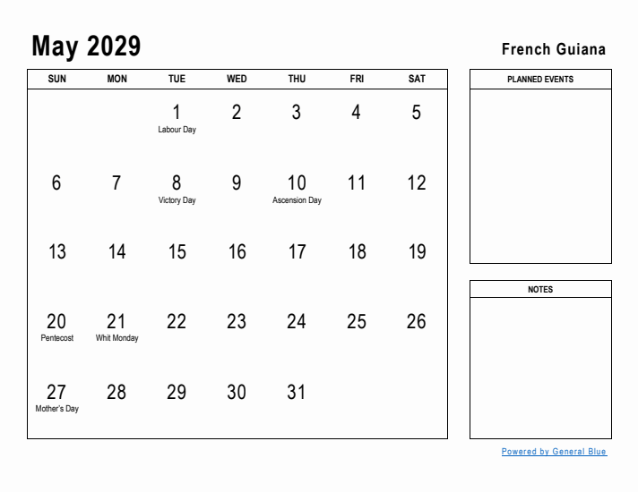 May 2029 Printable Monthly Calendar with French Guiana Holidays