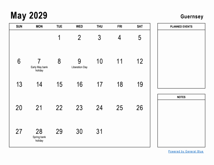 May 2029 Printable Monthly Calendar with Guernsey Holidays