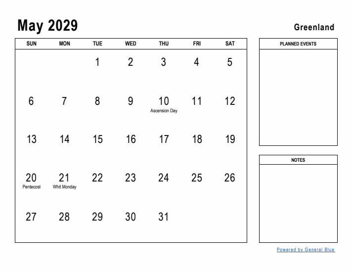 May 2029 Printable Monthly Calendar with Greenland Holidays