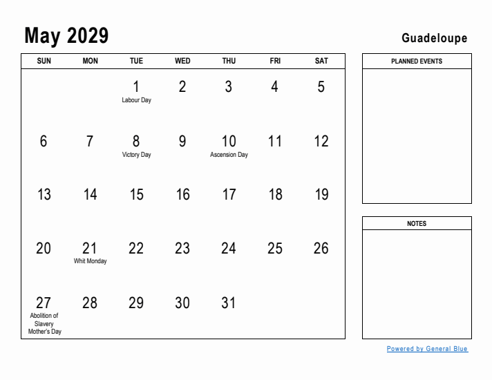 May 2029 Printable Monthly Calendar with Guadeloupe Holidays