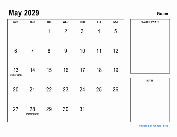 May 2029 Printable Monthly Calendar with Guam Holidays