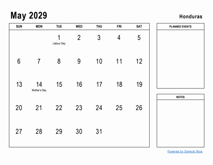 May 2029 Printable Monthly Calendar with Honduras Holidays