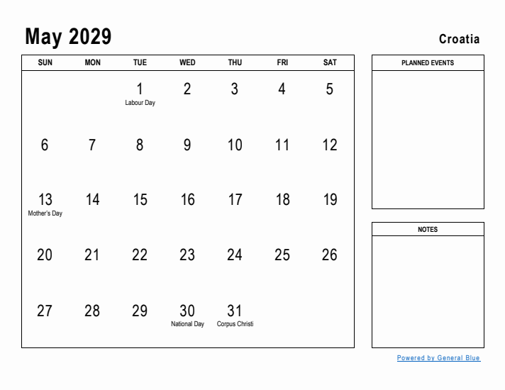 May 2029 Printable Monthly Calendar with Croatia Holidays