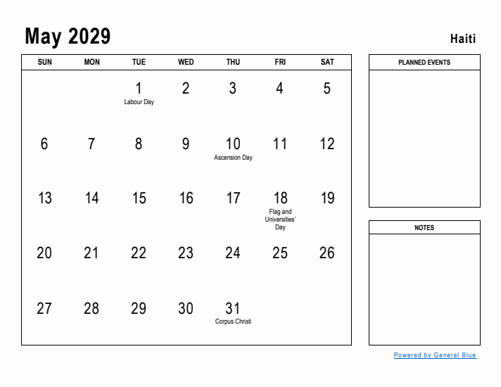 May 2029 Printable Monthly Calendar with Haiti Holidays