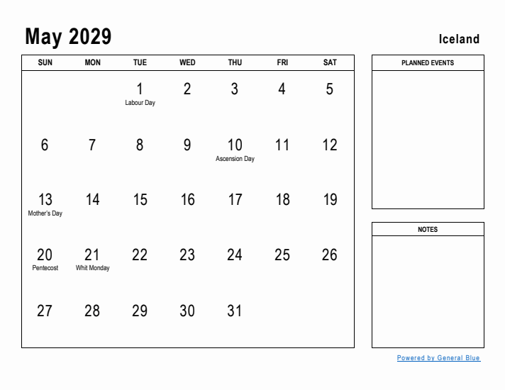 May 2029 Printable Monthly Calendar with Iceland Holidays