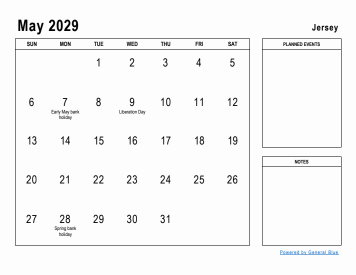 May 2029 Printable Monthly Calendar with Jersey Holidays