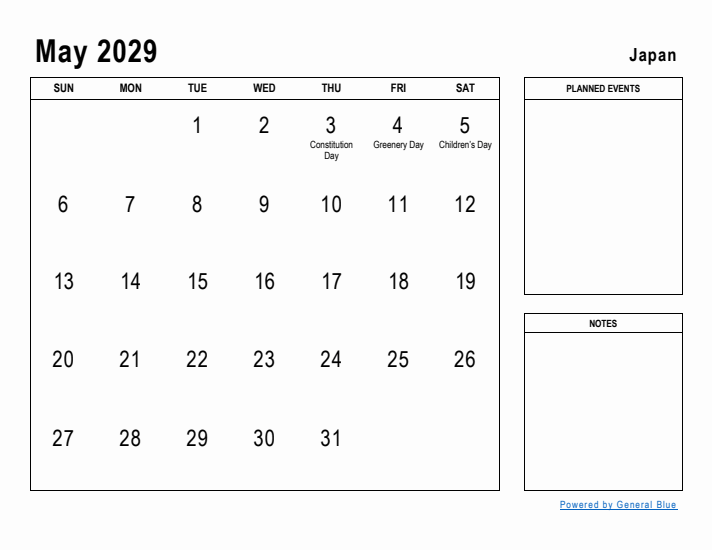 May 2029 Printable Monthly Calendar with Japan Holidays