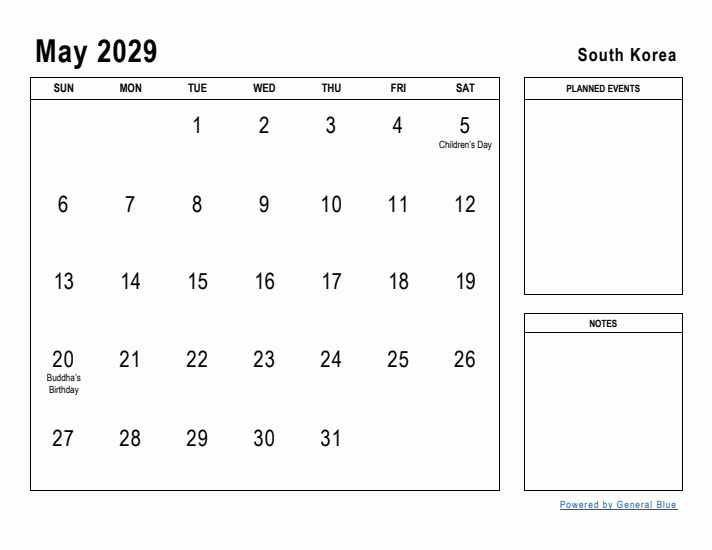 May 2029 Printable Monthly Calendar with South Korea Holidays