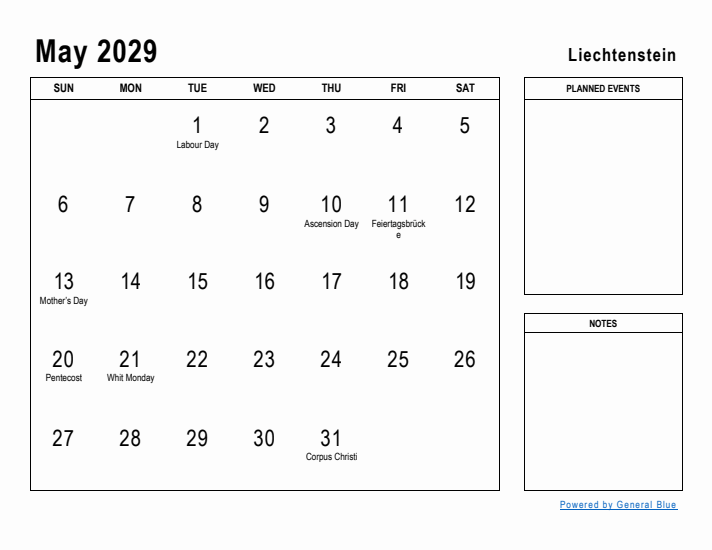 May 2029 Printable Monthly Calendar with Liechtenstein Holidays