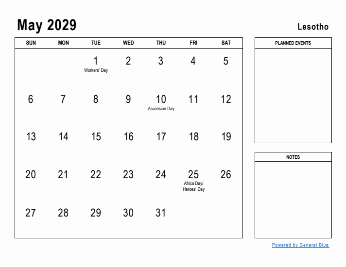 May 2029 Printable Monthly Calendar with Lesotho Holidays