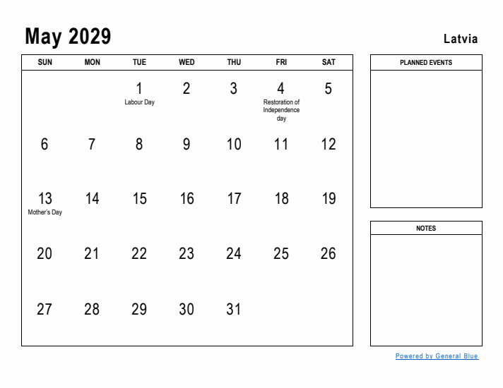 May 2029 Printable Monthly Calendar with Latvia Holidays