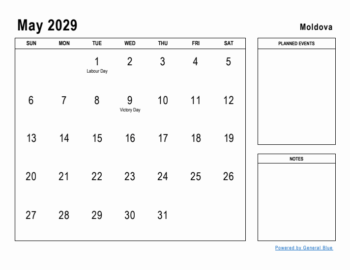 May 2029 Printable Monthly Calendar with Moldova Holidays