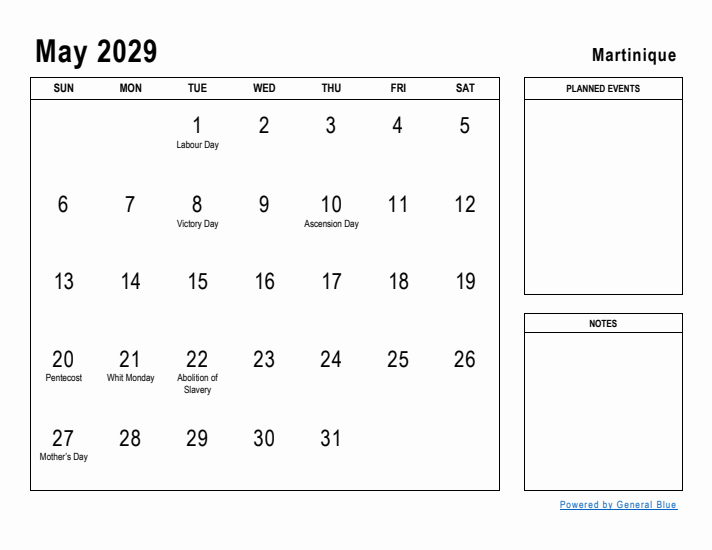 May 2029 Printable Monthly Calendar with Martinique Holidays